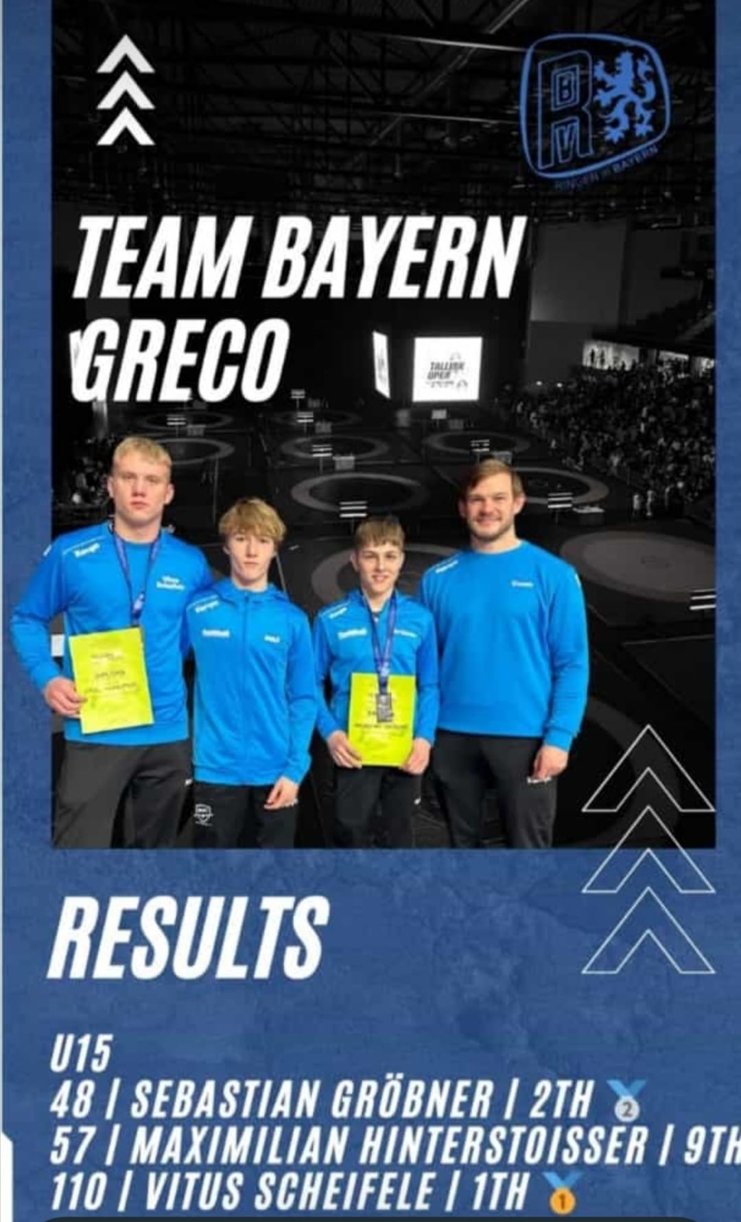 Das Bayerische Greco-Team Vitus Scheifele, Maximilian Hinterstoißer, Sebastian Gröbner und Trainer Matthias Baumeister ((C) Matthias Baumeister).